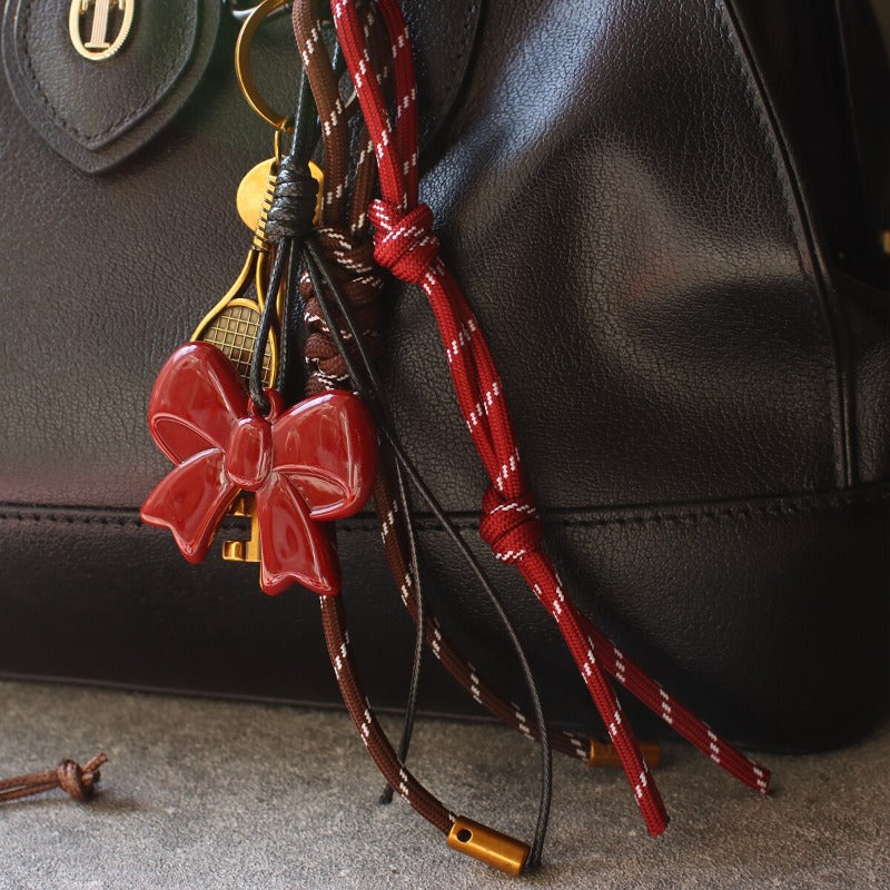Braided Rope Vintage Angora Red Bead Bag Charm