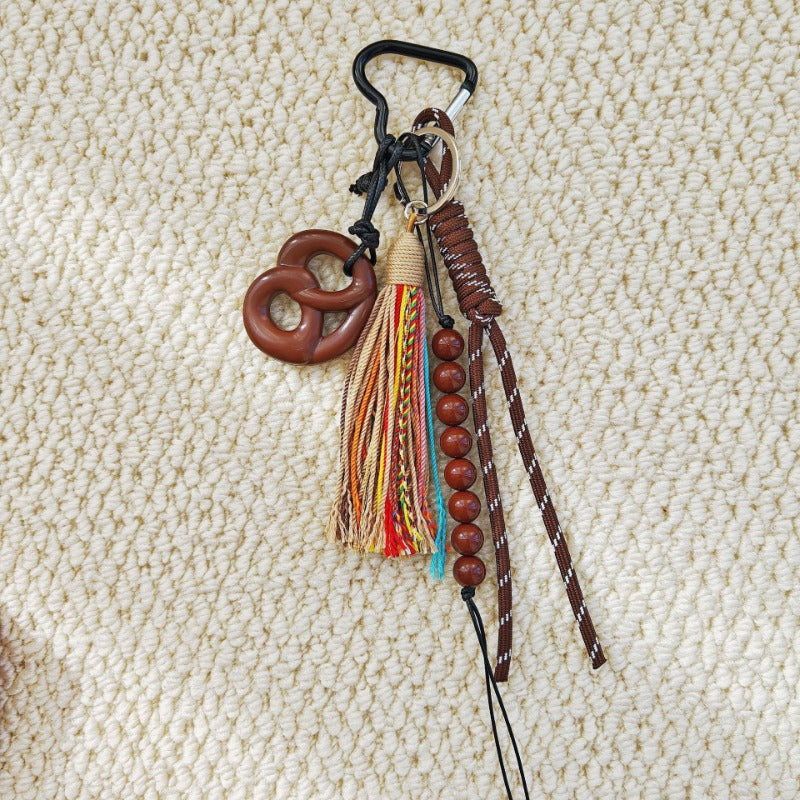 Braided Rope Vintage Angora Red Bead Bag Charm