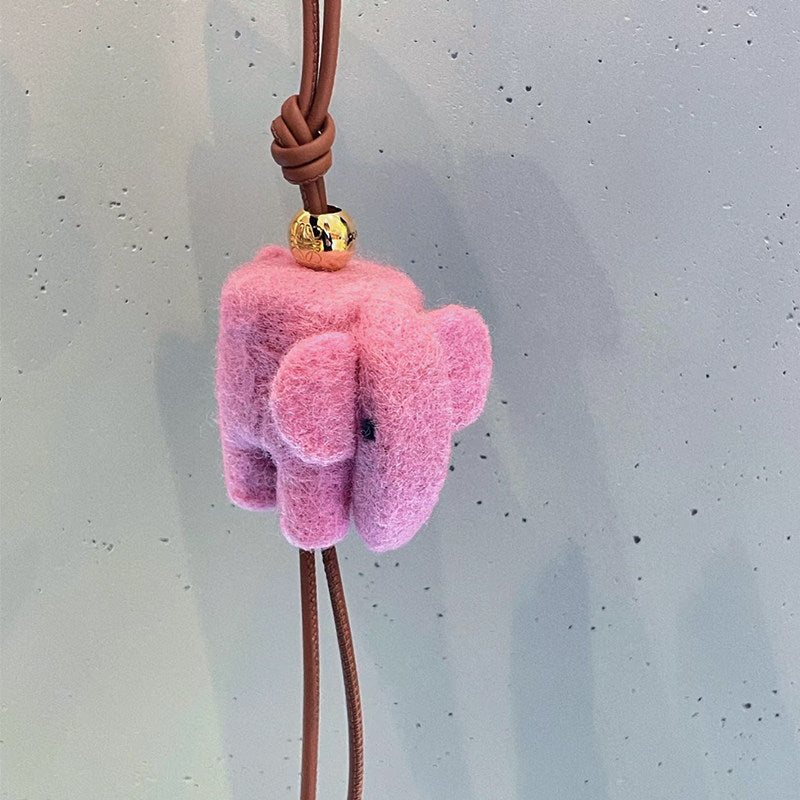 Pink Elephant Wool Felt Fluffy Bag Charm