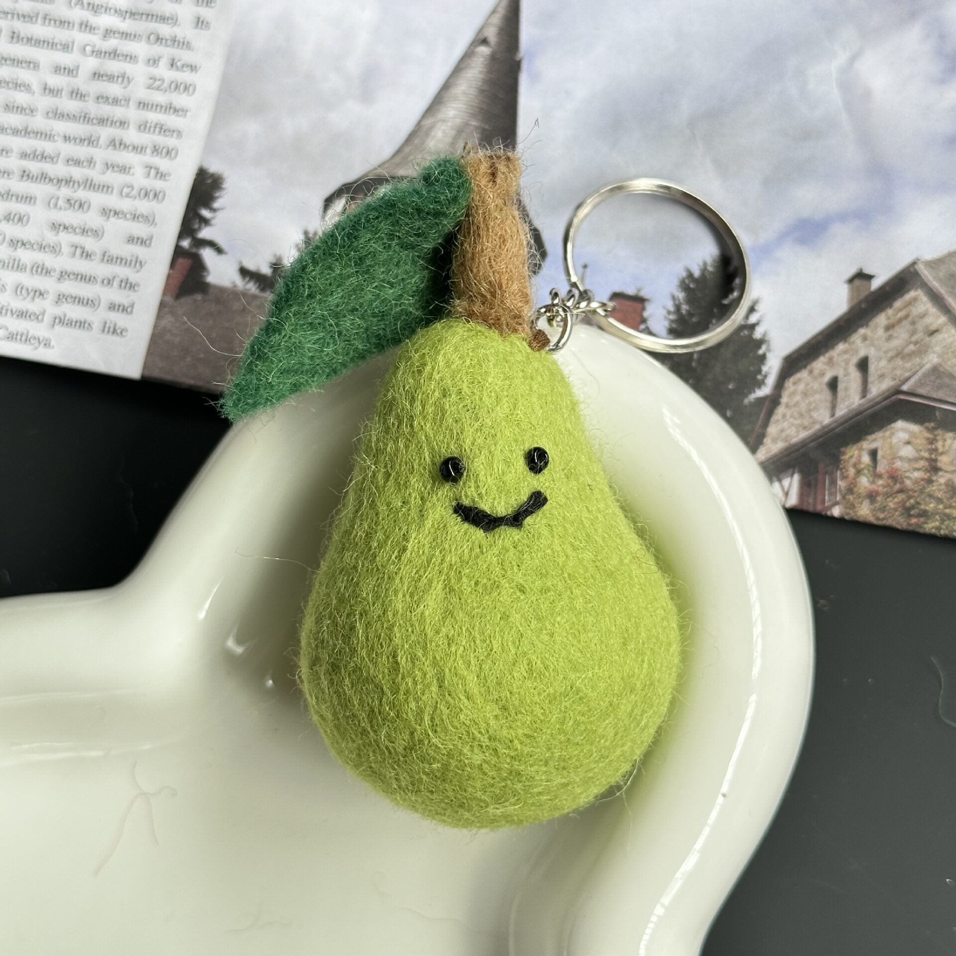 Green Pear Wool Felt Fluffy Bag Charm