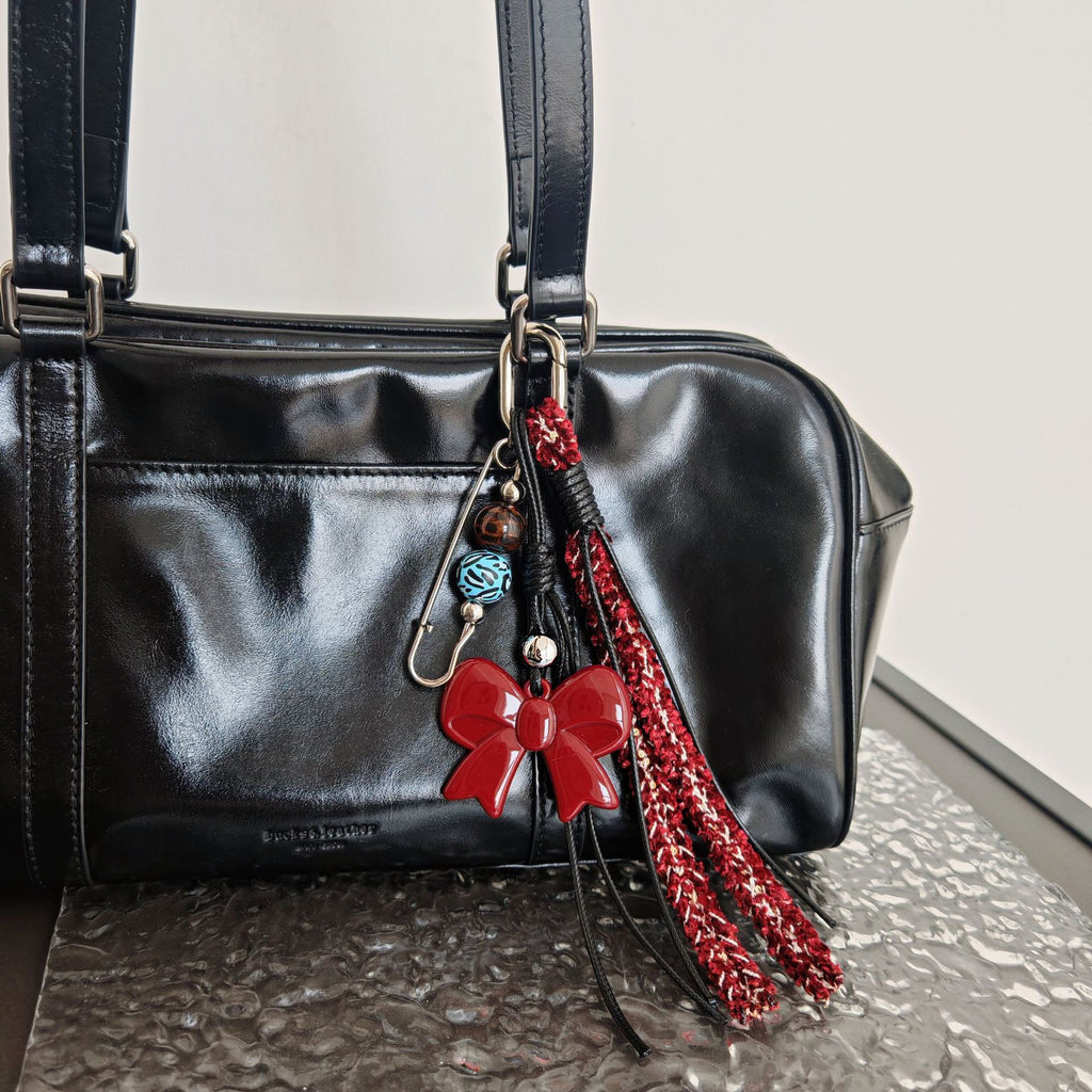 Braided Rope Vintage Angora Red Bead Bag Charm