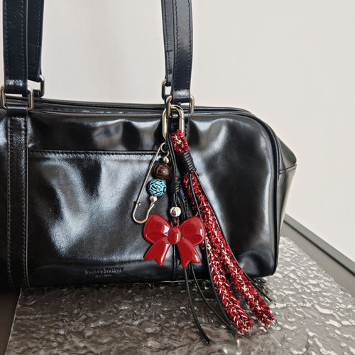 Braided Rope Vintage Angora Red Bead Bag Charm